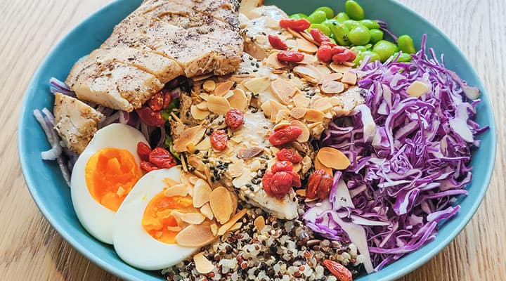 Healthy salad with whole grains, nuts and turkey, high in l-arginine