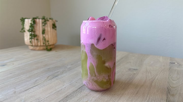 The pink matcha latte uses dragon fruit powder to get its rosy hue